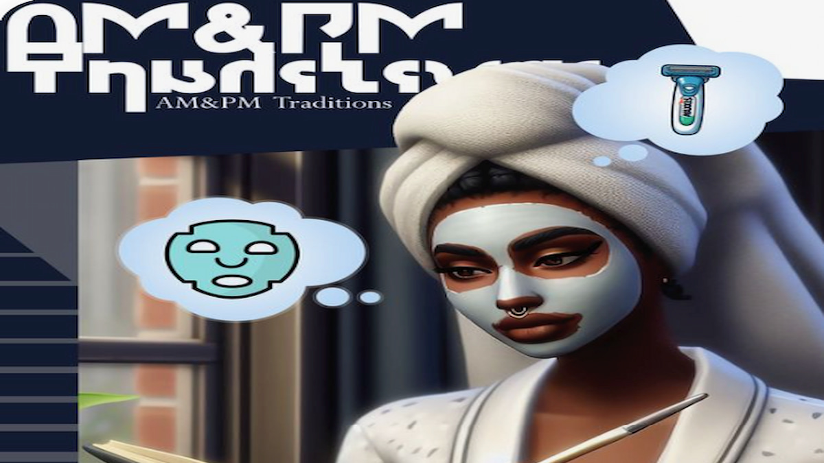 Sims with facemask on and towel and robe on, thinking about tasks