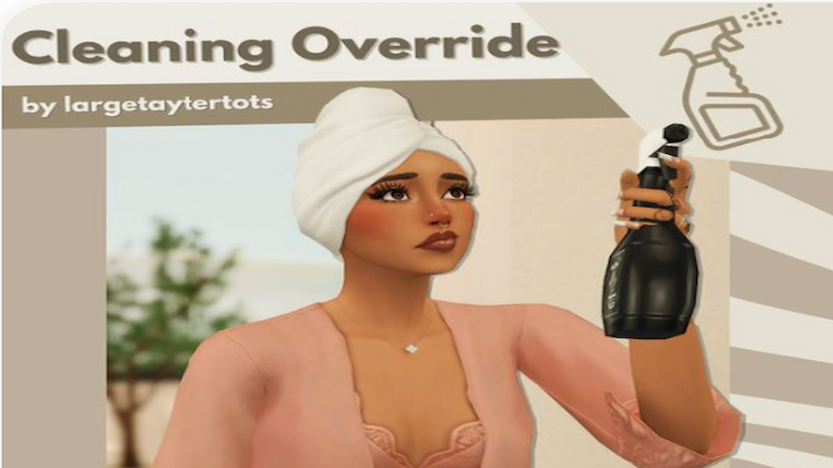 Sim in towel and robe spraying a cleaning bottle