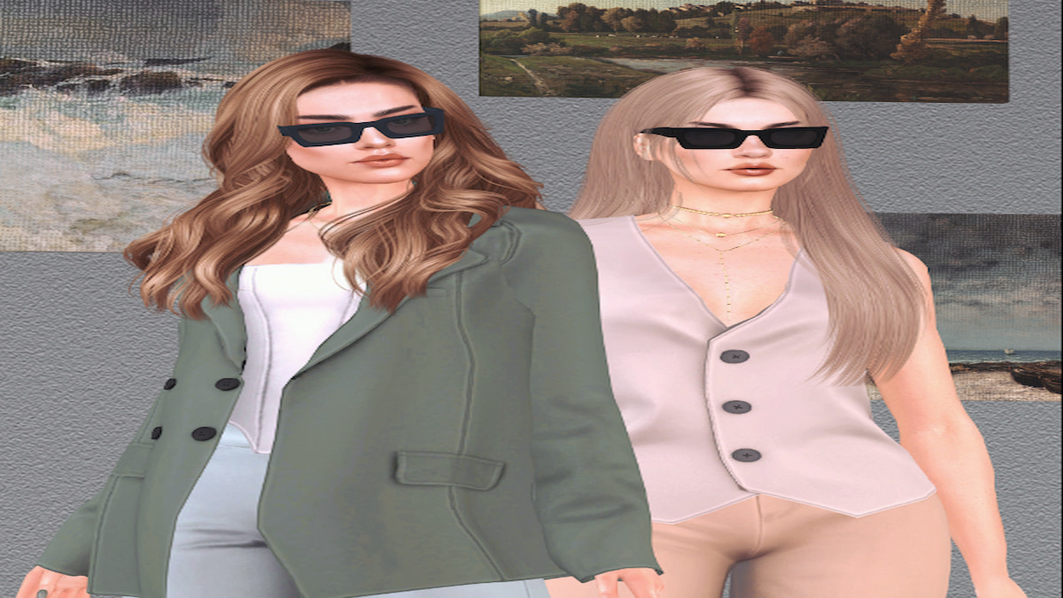 Two models wearing sunglasses and stylish outfits