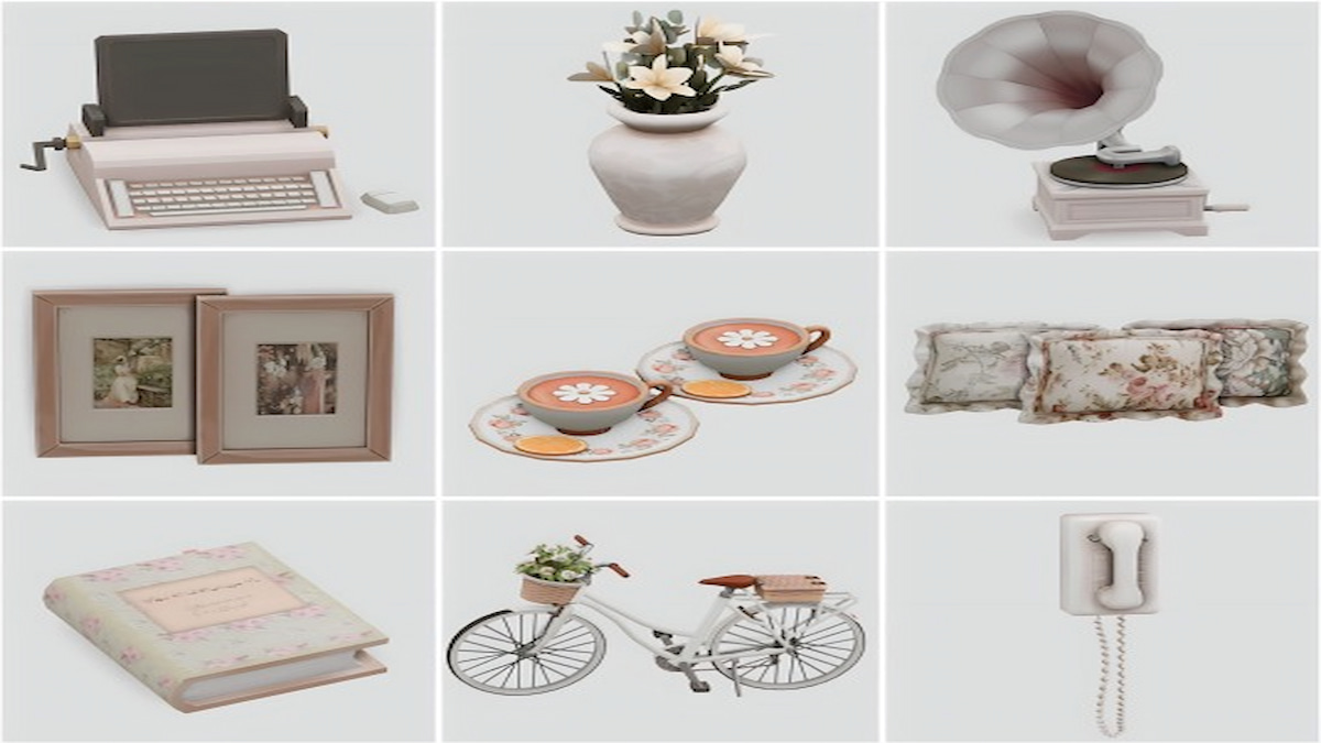 collage of various items: typewriter, flowers, grammaphone, photos, pillows, bike, and wall phone