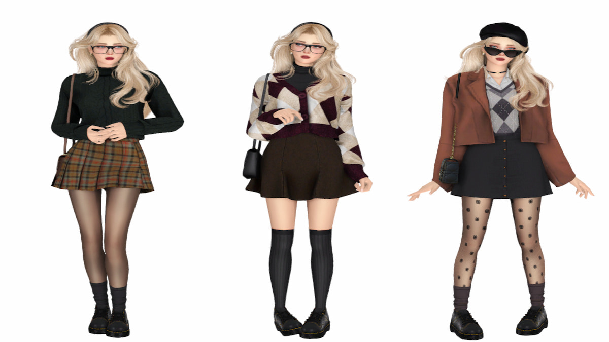 Three model sims wearing Dark Academia outfits