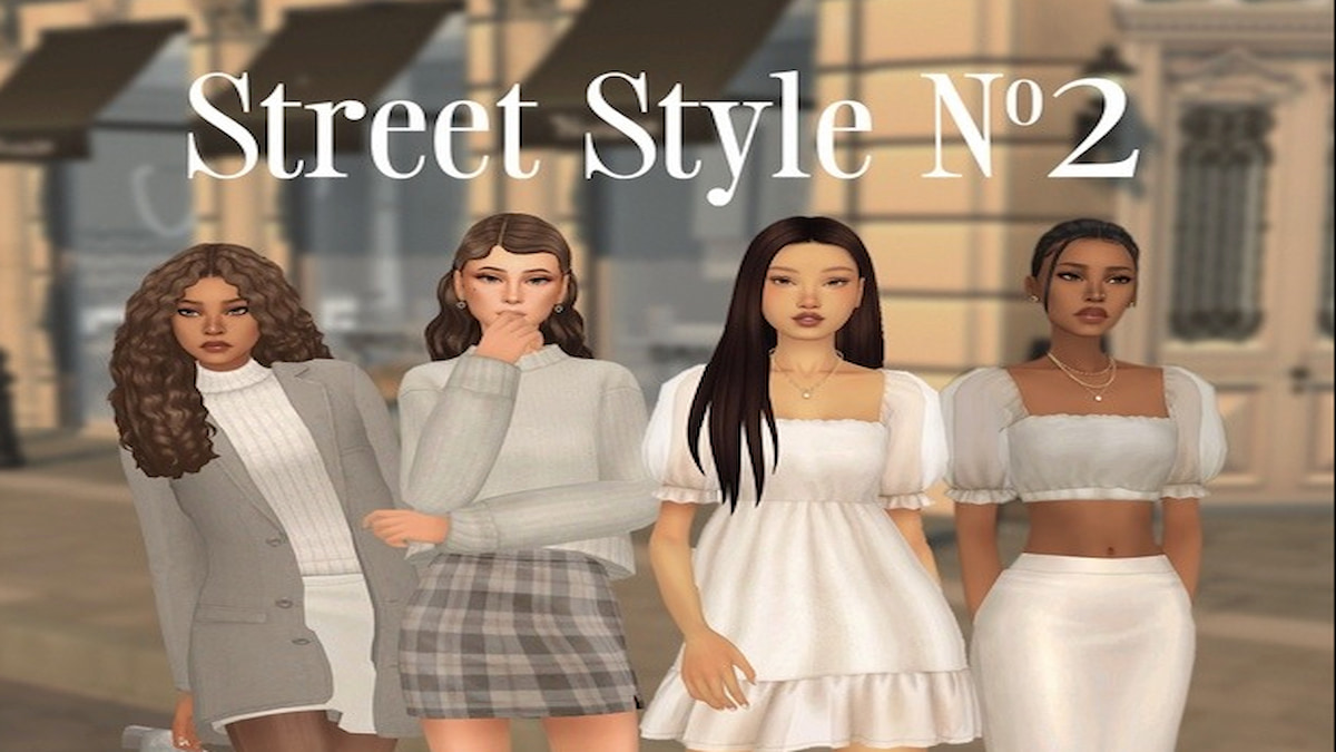 ストリート スタイルの衣装を着た 4 人のシム モデル