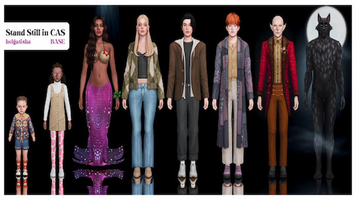 all sims of different genders, ages, and occults, standing straight in a row