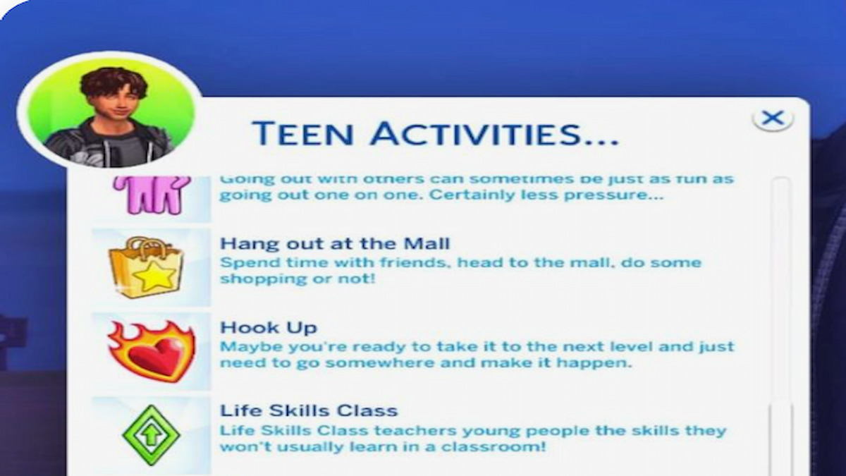 Sim activity list with new activities to do 
