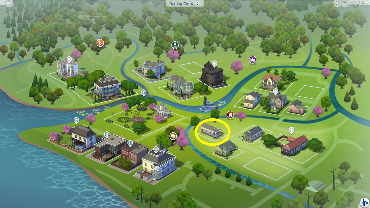 Sims 4 manage world menu, willow creek map with crick cabana lot circled in yellow