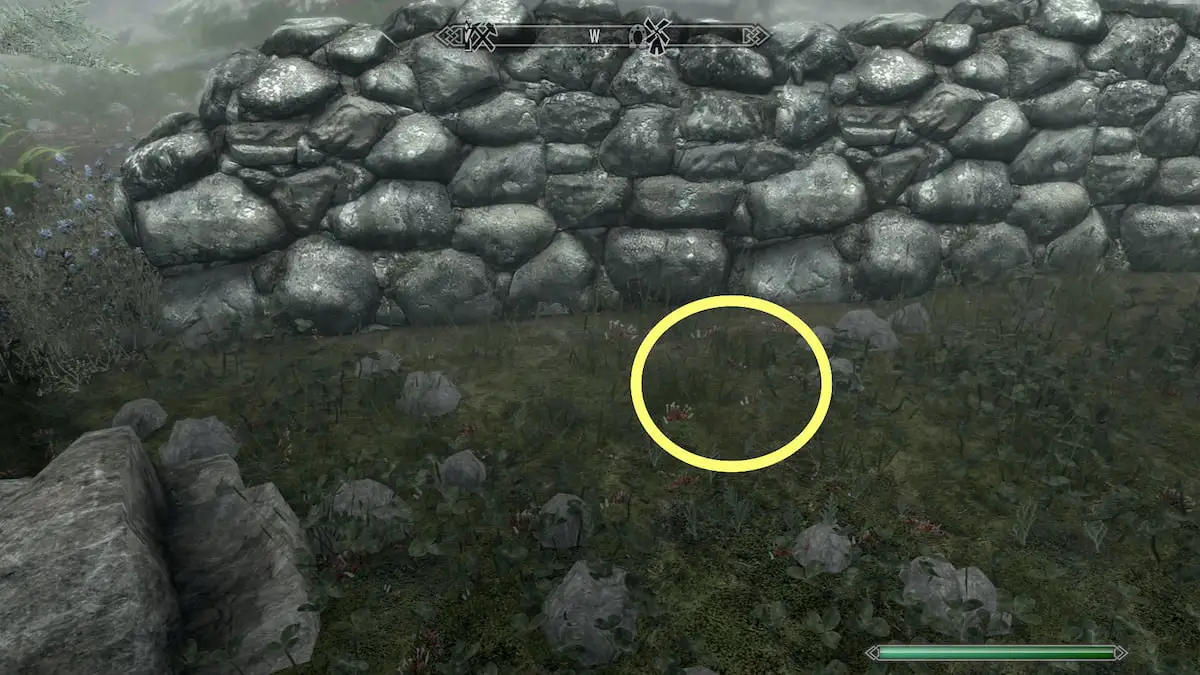 Low stone wall outside of Markarth with yellow circle indicating invisible chest location