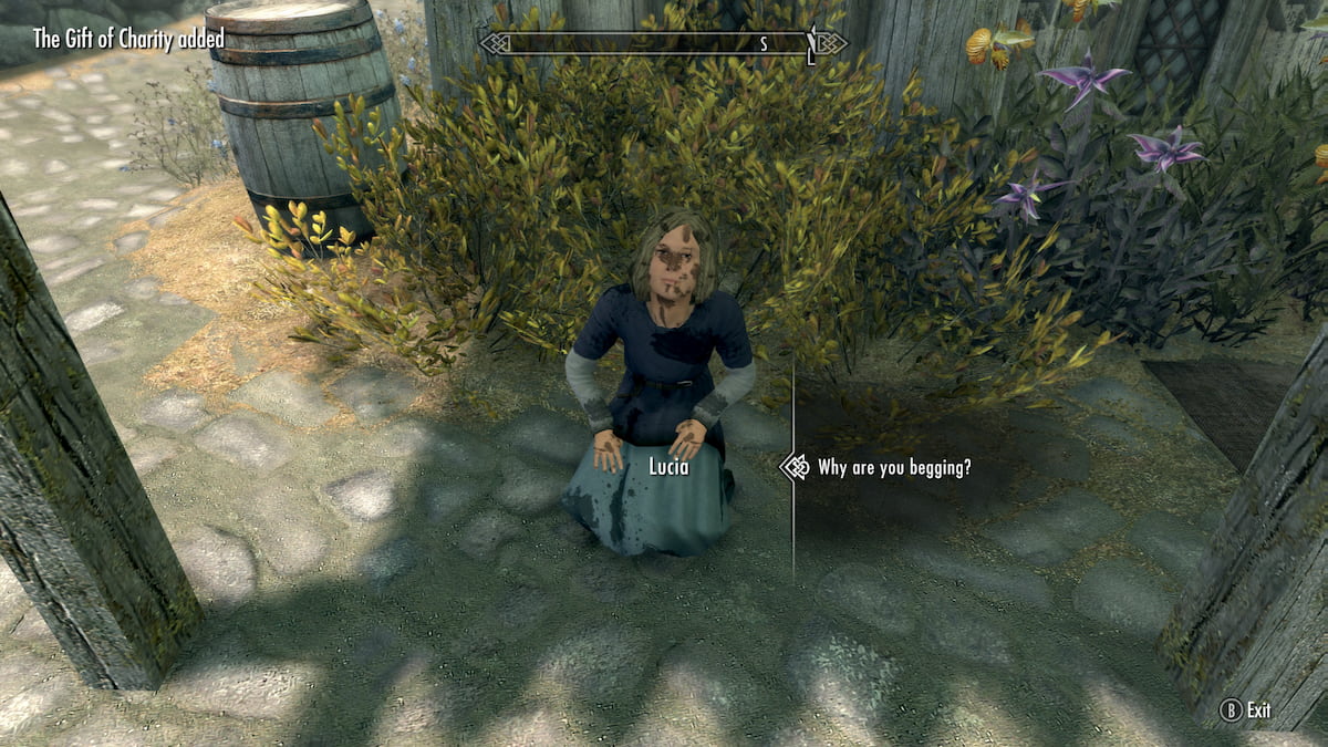 Lucia kneeling on the ground outside of The Bannered Mare Inn in Whiterun