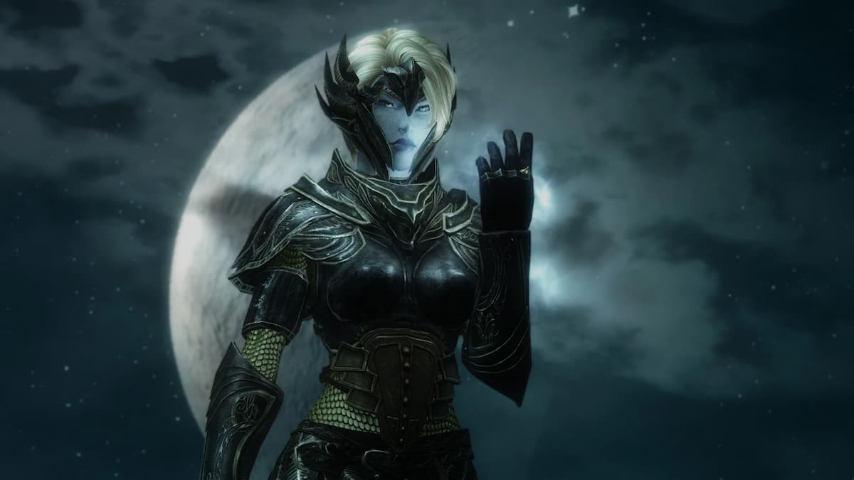 Snow elf standing in front of moon wearing armor