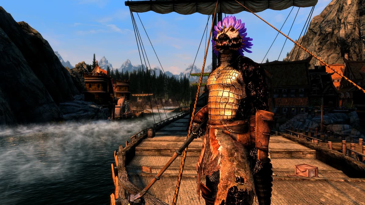 Argonian Crocodile standing on a boat with a spear in hand