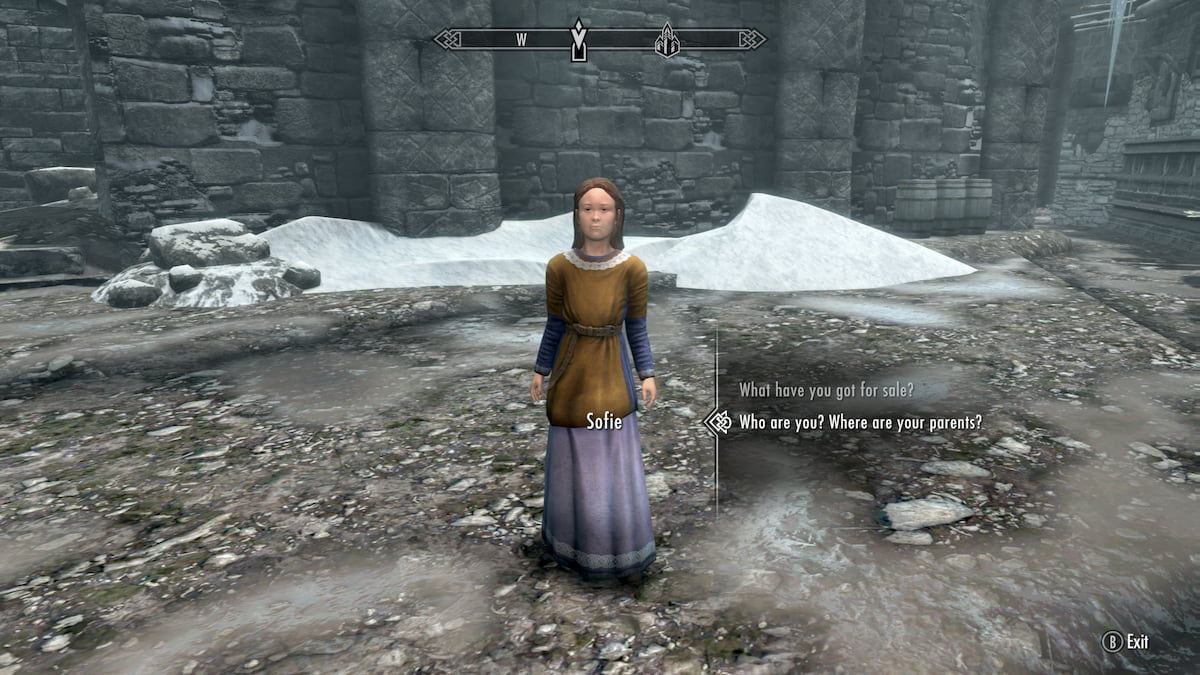 Sophie child in windhelm selling flowers