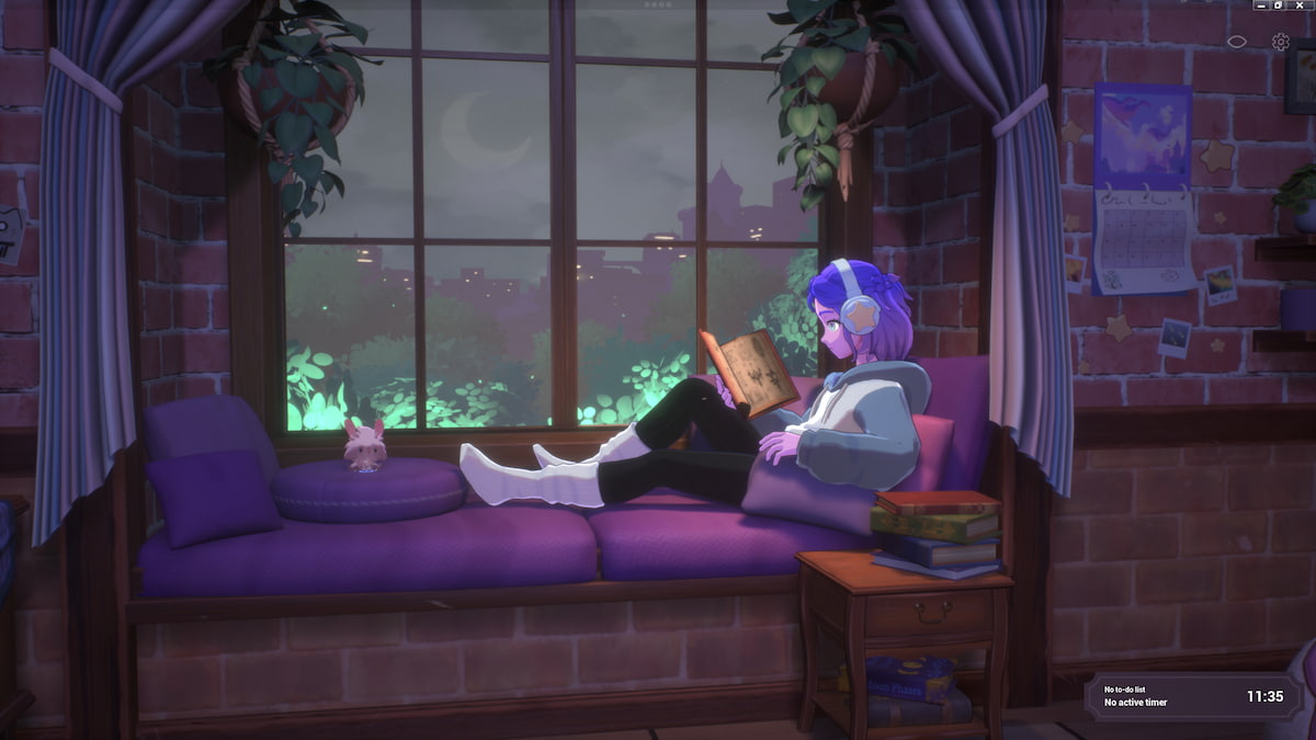 Character reading a book at bay window, night lighting