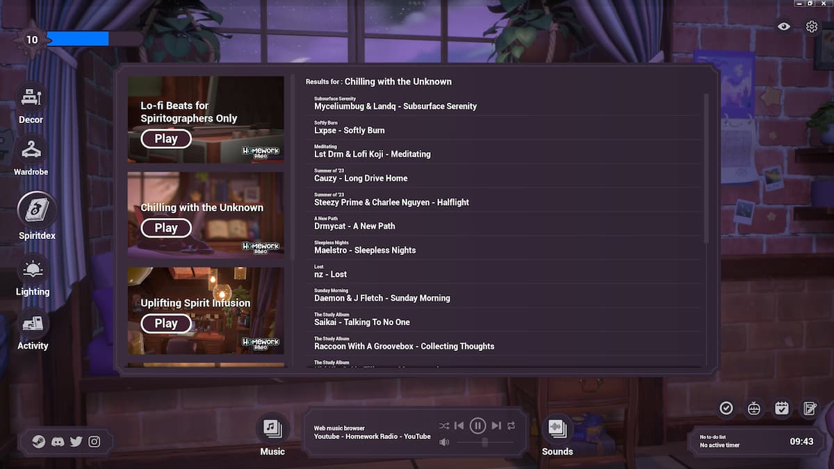 Spirit City Music menu with playlists and song titles in a list