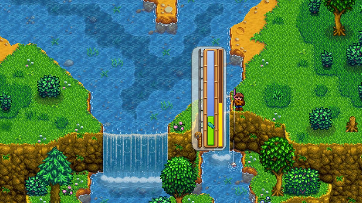 Player fishing in right basin of double waterfall with fishing meter popped up on the screen