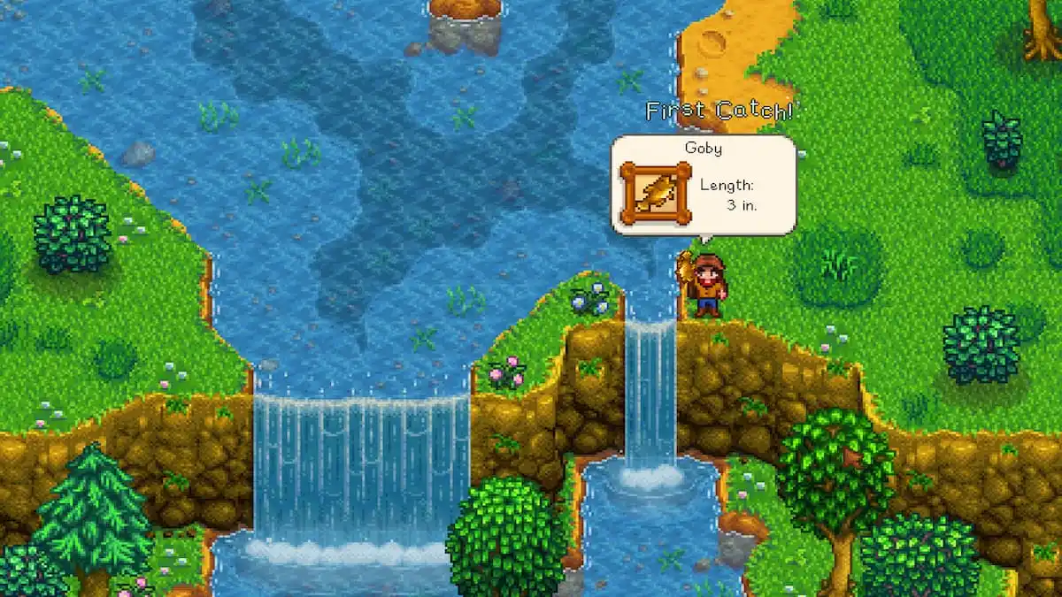 Player catching Goby fish at double waterfall in Cindersap Forest