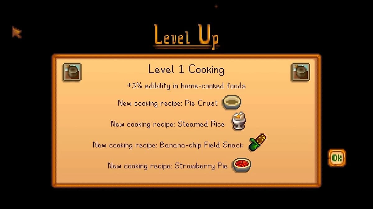 Cooking level up screen