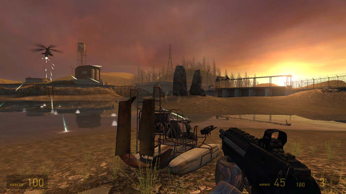 Player shoots at the helicopter in Half-Life 2