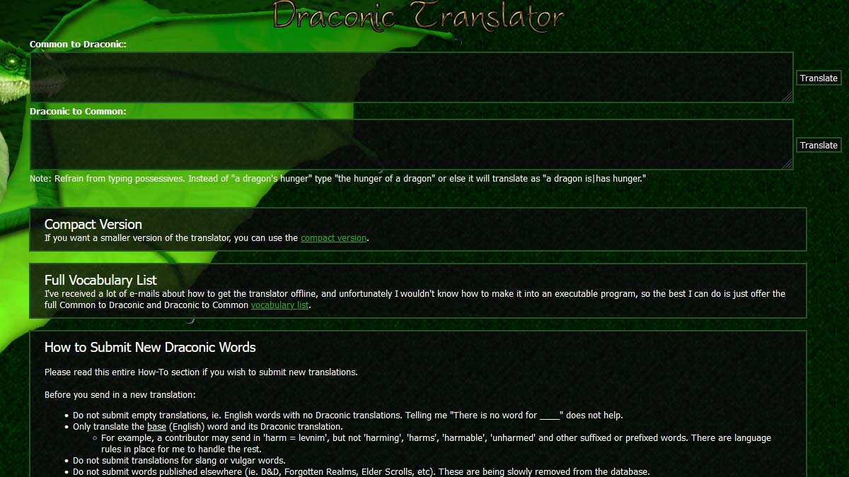 Online Draconic Translator main page for Skyrim