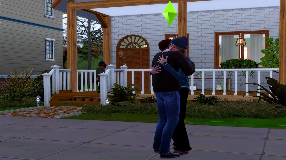 Two sims hugging in front of a house