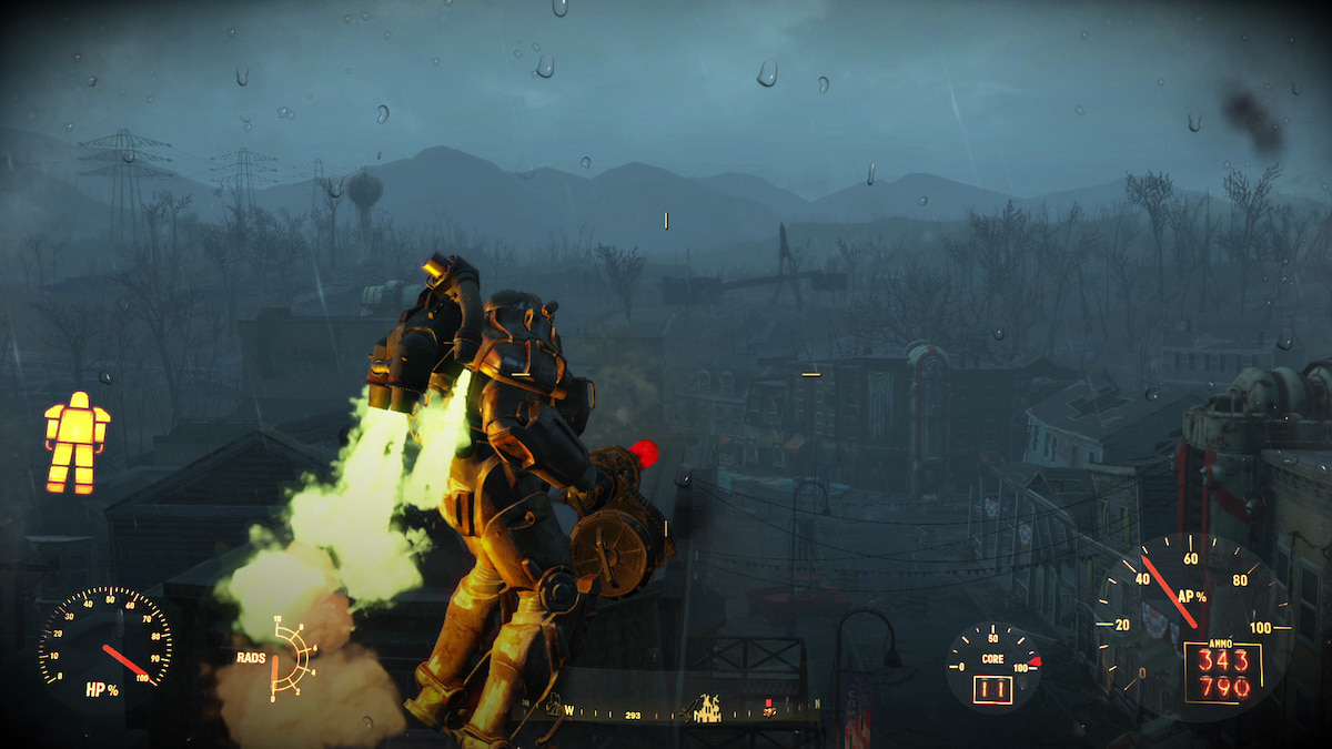 Fallout 4, joueur volant avec une armure assistée