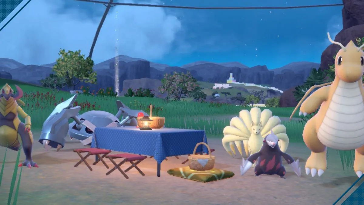 Haxorus, Metagross, Ninetales, Excadrill, and Dragonite pose during a picnic in Pokemon Scarlet & Violet