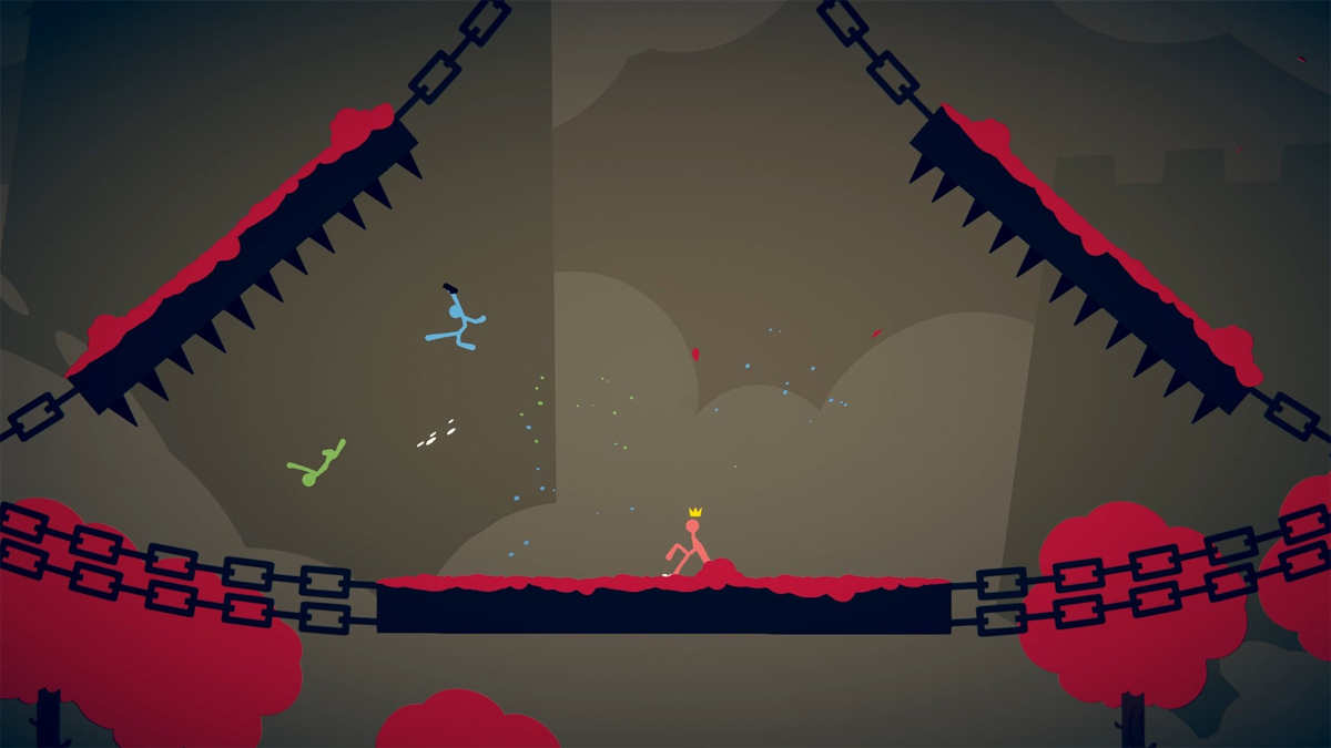 four players jumping and fighting in stick fight