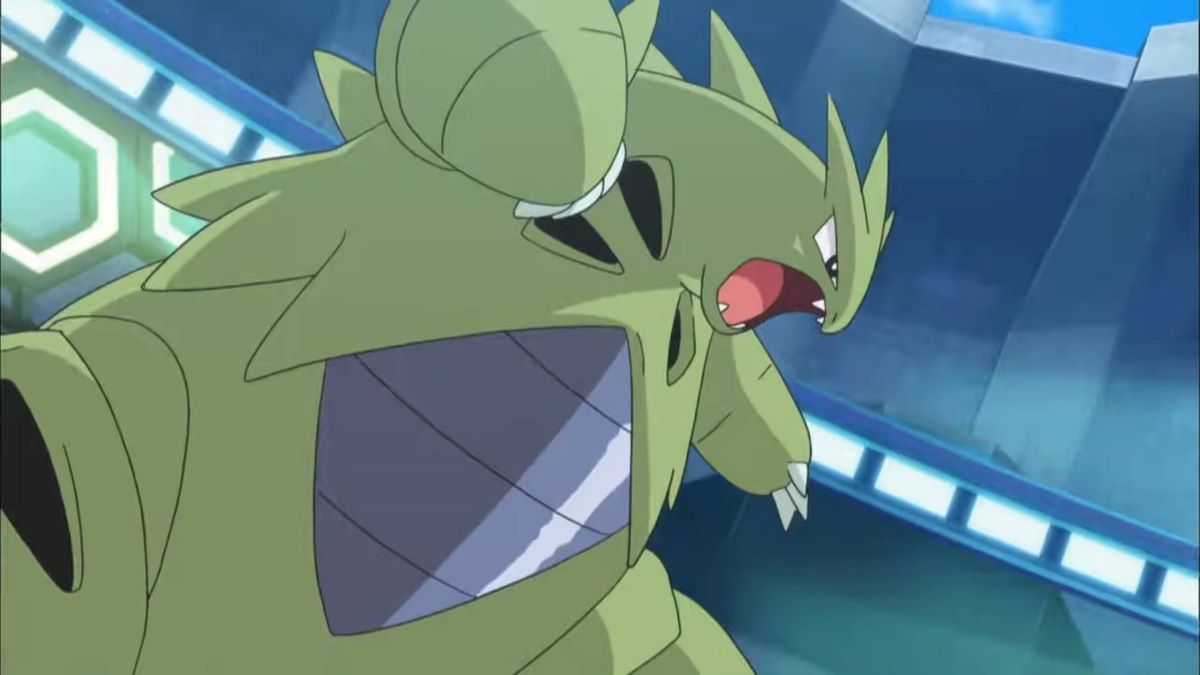 Close-up shot of Tyranitar in Pokemon anime