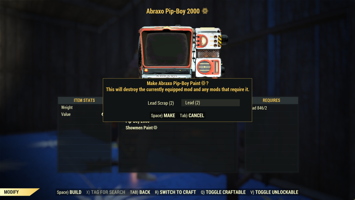 Changing Pip-Boy Skin to Abraxo in Fallout 76.