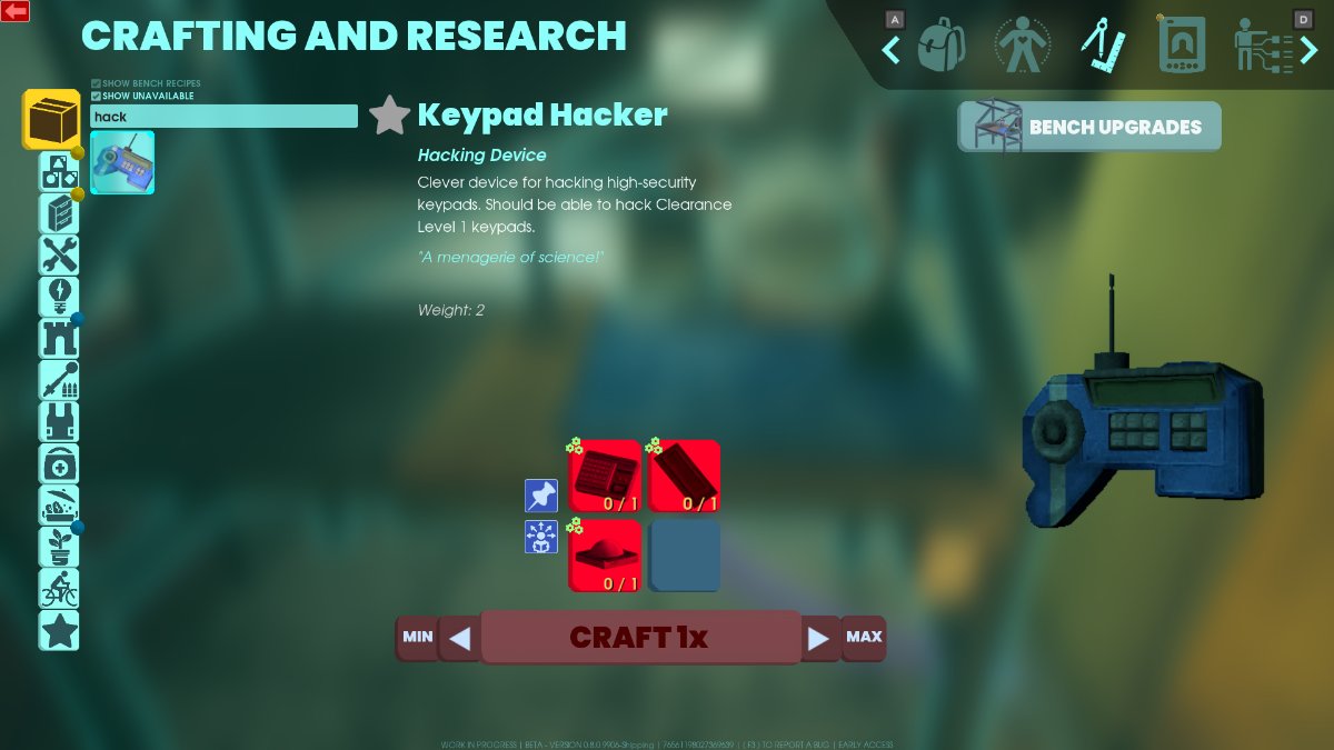 The crafting screen for the Keypad Hacker.