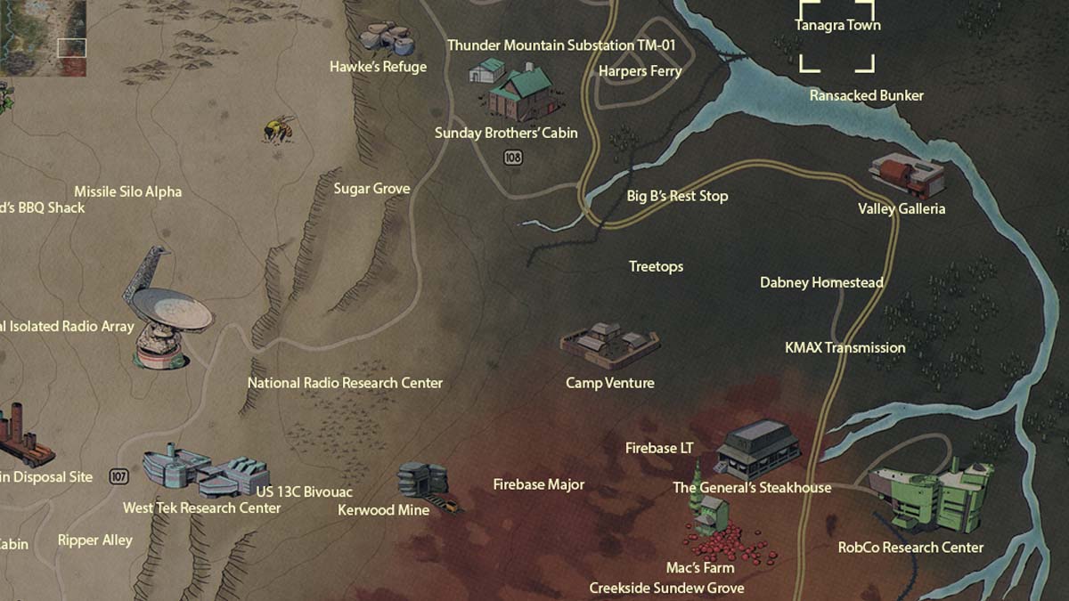 Posizione della città di Tanagra in Fallout 76