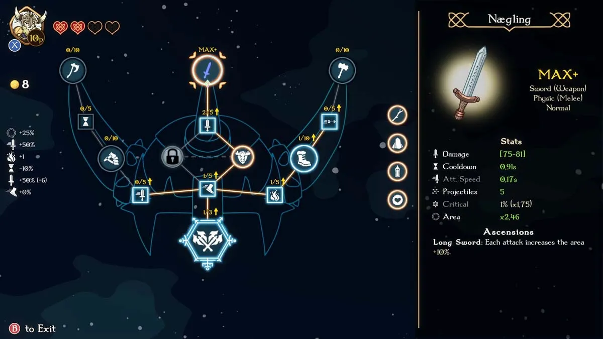 Naegling sword ascension menu in Nordic Ashes