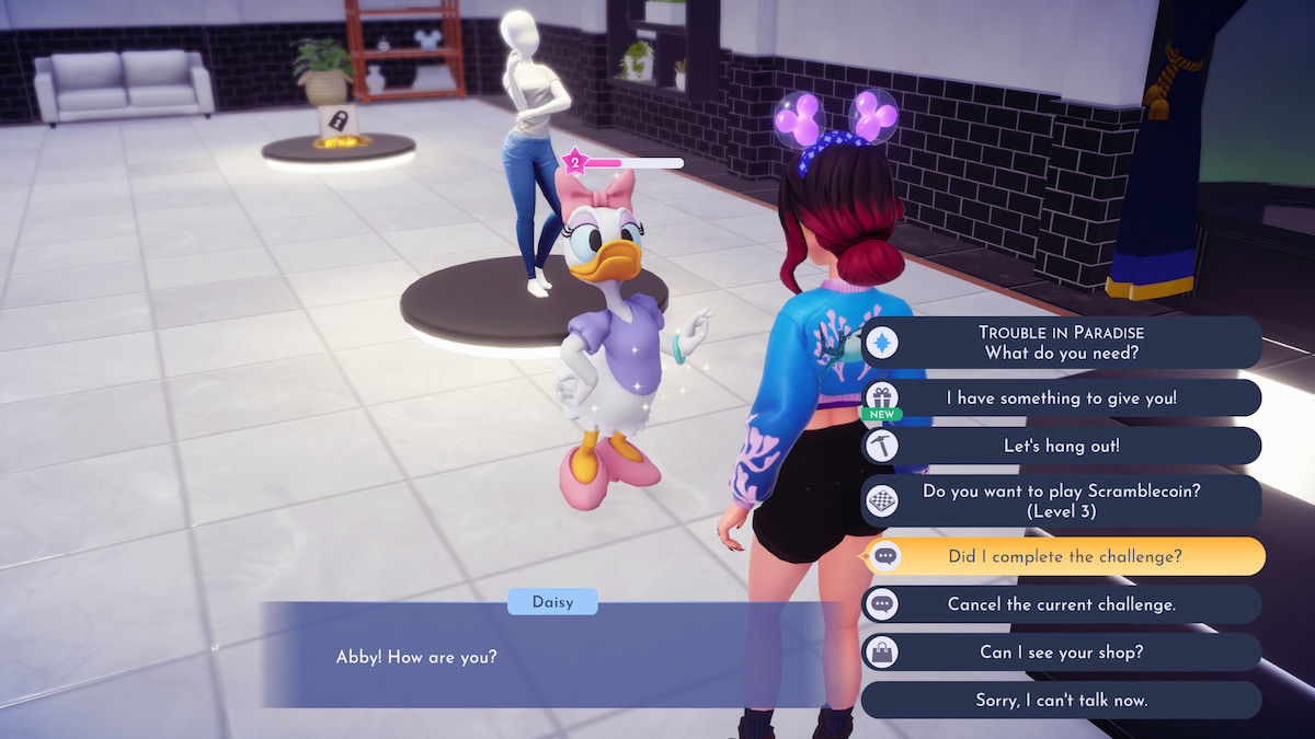 Daisy Duck in the Boutique, dialogue options with option to complete the challenge in Disney Dreamlight Valley
