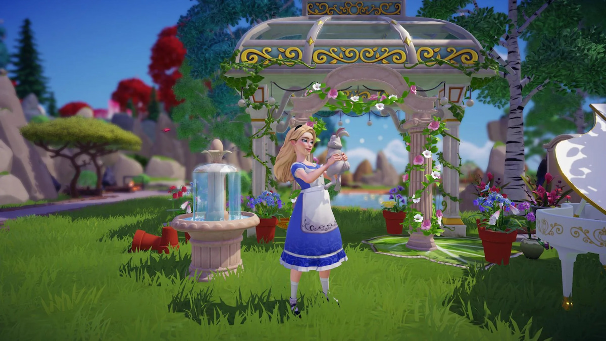 Player wearing touch of magic alice in wonderland dress design in Disney Dreamlight Valley