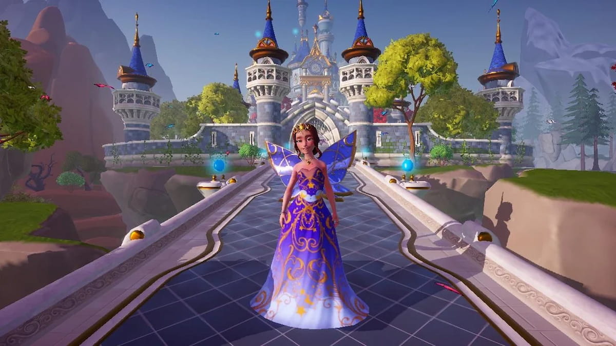 Purple, celestial styled Touch of Magic dress in Disney Dreamlight Valley