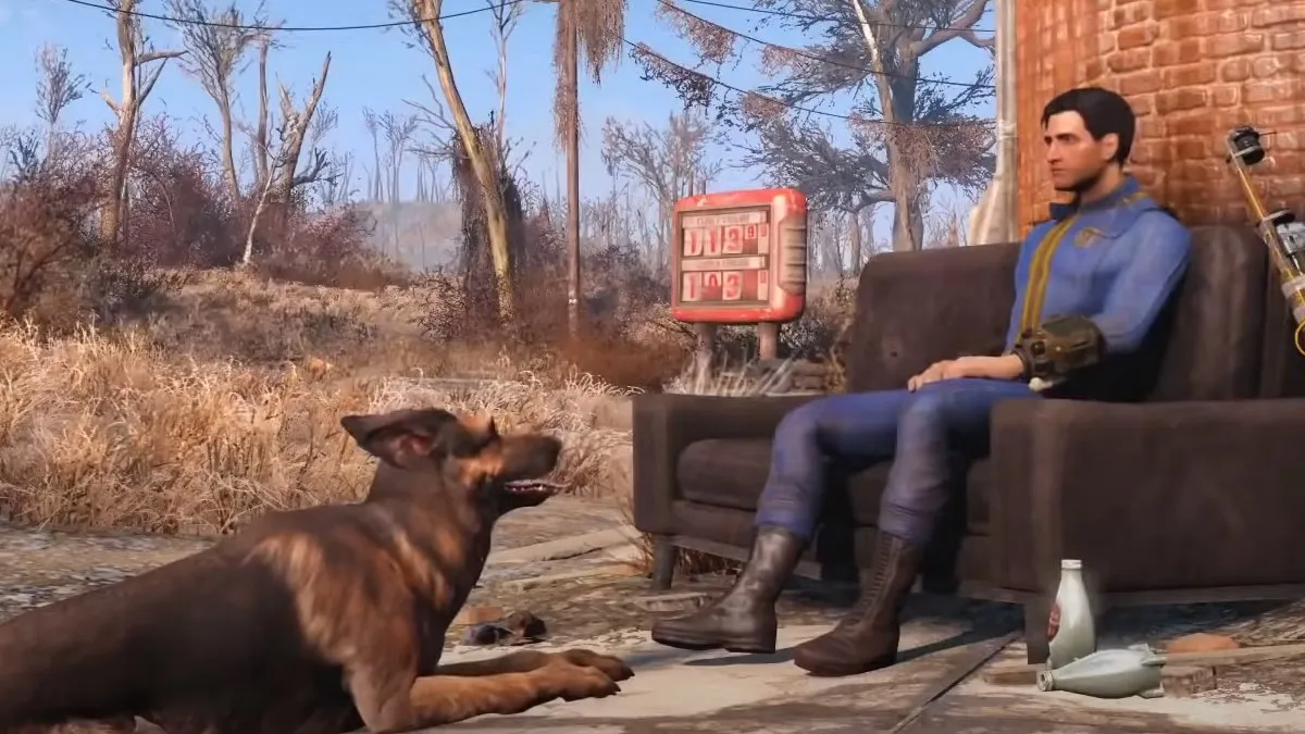 Dogmeat sitting with the Sole Survivor in Fallout 4.