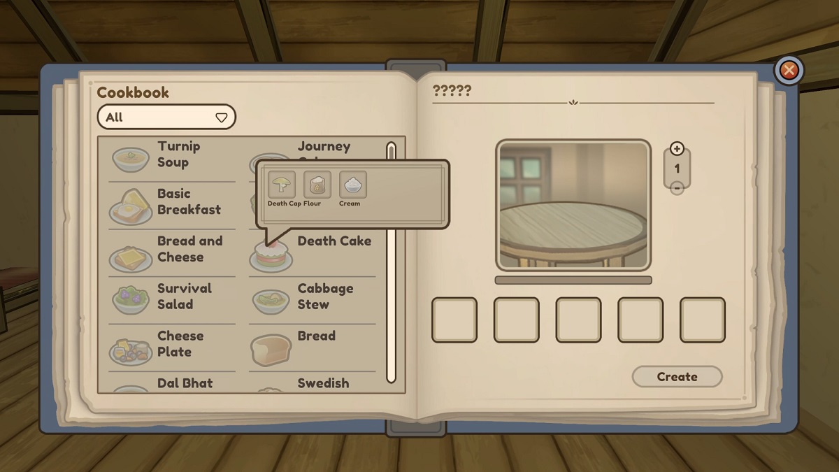 Ingredients for Death Cake in the Recipe Book for Echoes of the Plum Grove