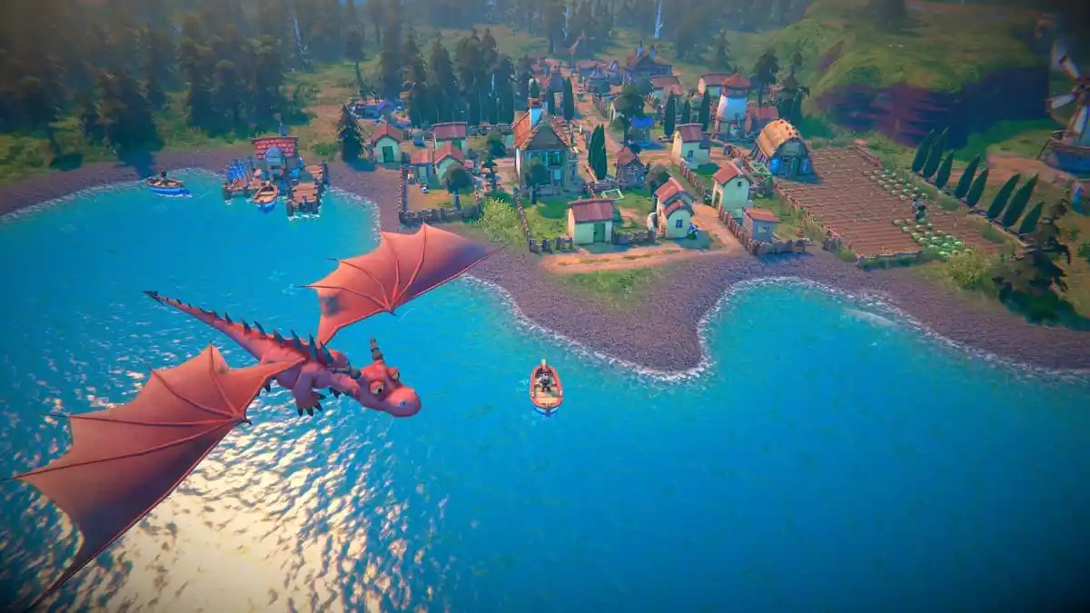 Dragon flies over a small town in Fabledom