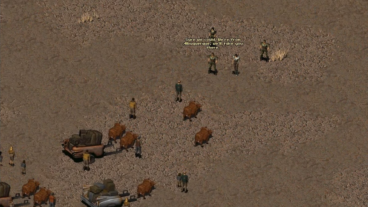 The protagonists talks with a caravan of merchants in Fallout 1.5, mod of Fallout 2.