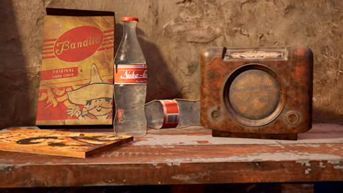 A table with a radio, an empty bottle of Nuka Cola, and a bag of chips.