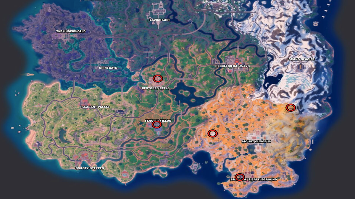 Fortnite Chapter 5 Season 2 Map of Zeus crackling hourglass locations