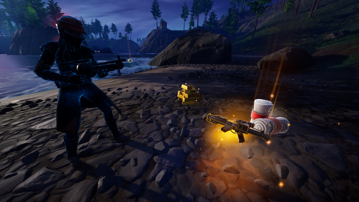 Player standing near dropped loot from a Stormtrooper: bandages, gold bars, and E-11 Blaster in Fortnite