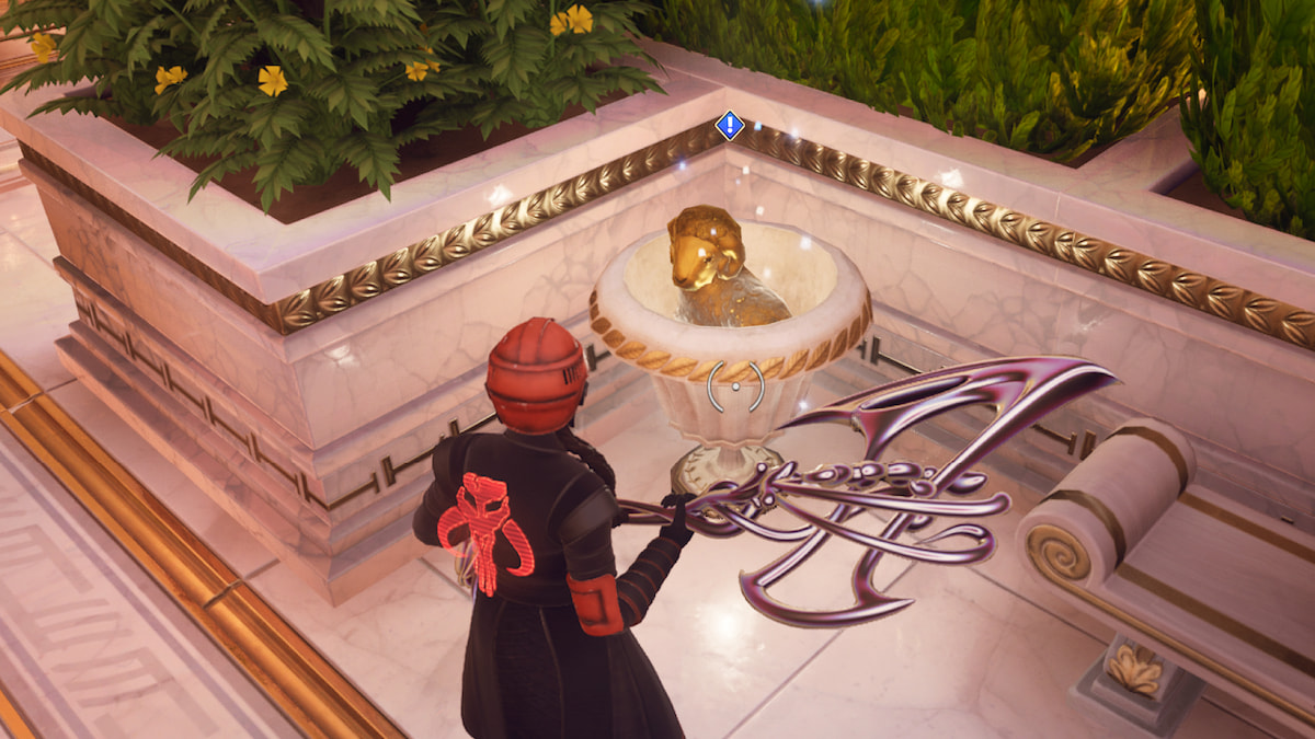 Player standing in front of a vase with a golden fleece sheep statue inside in Mount Olympus of Fortnite