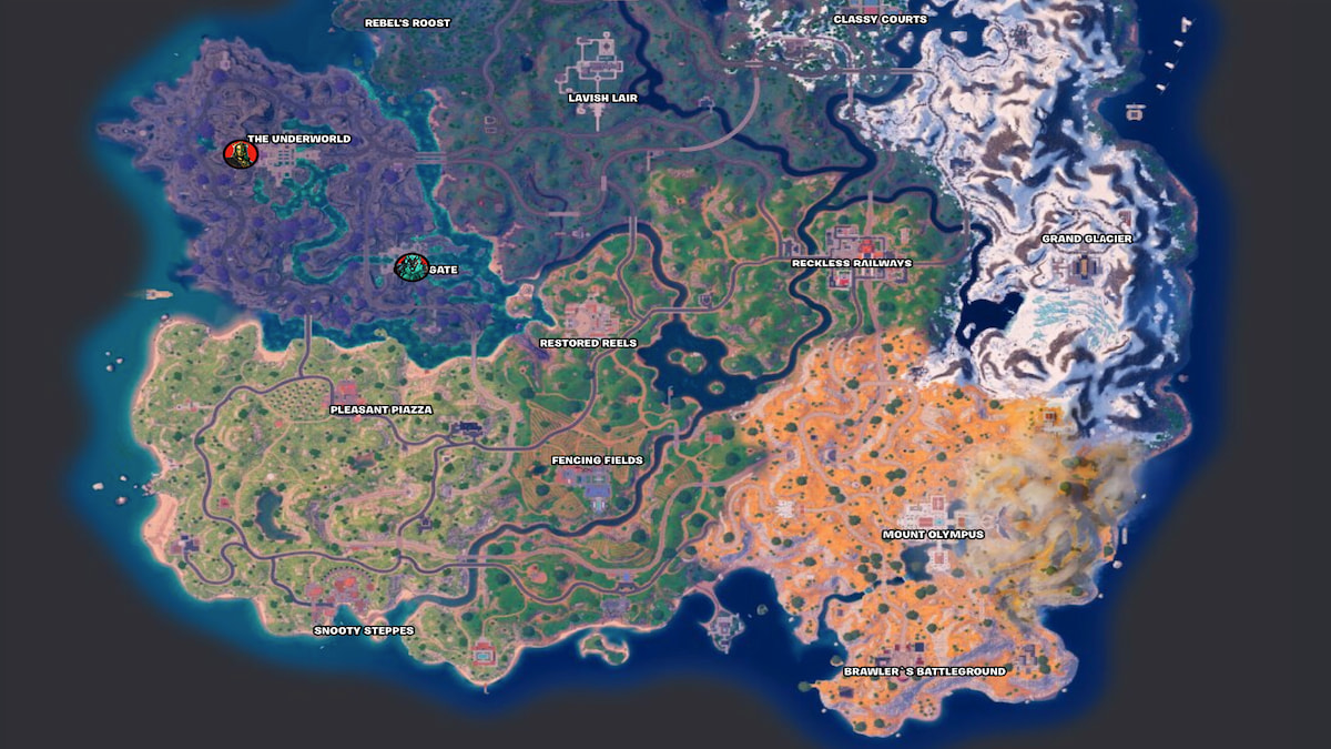 Fortnite Chapter 5 Season 2 map with Hades and Cerberus locations
