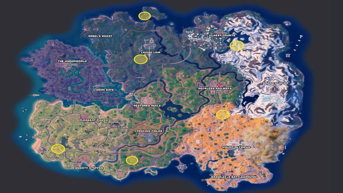 Fortnite Chapter 5 Season 2 map with circled spots of Imperial Roadblocks