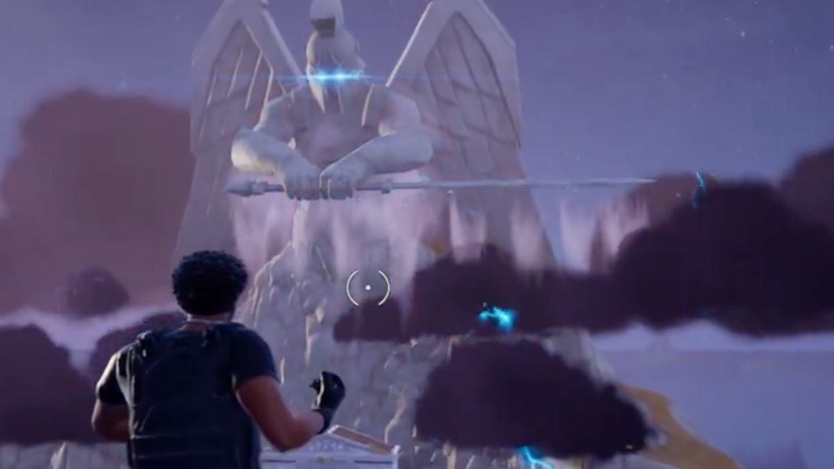 Player looking over Mount Olympus where statue is holding sword and coming to life in storm clouds in Fortnite Chapter 5 Season 2 live event