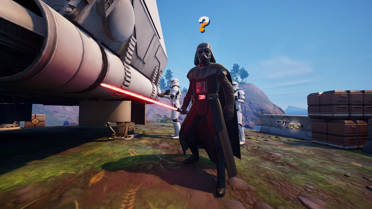 Dark Vador détecte un joueur à proximité, debout à côté du navire et des Stormtroopers