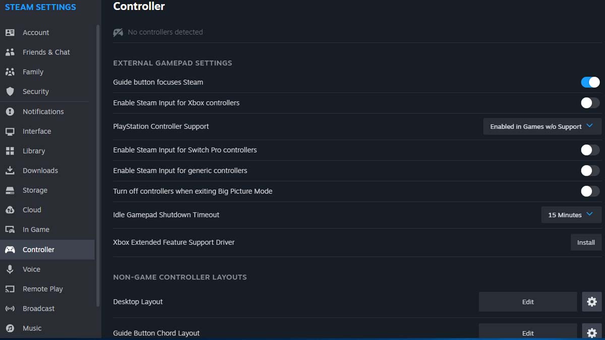 Impostazioni del controller del gamepad in Steam