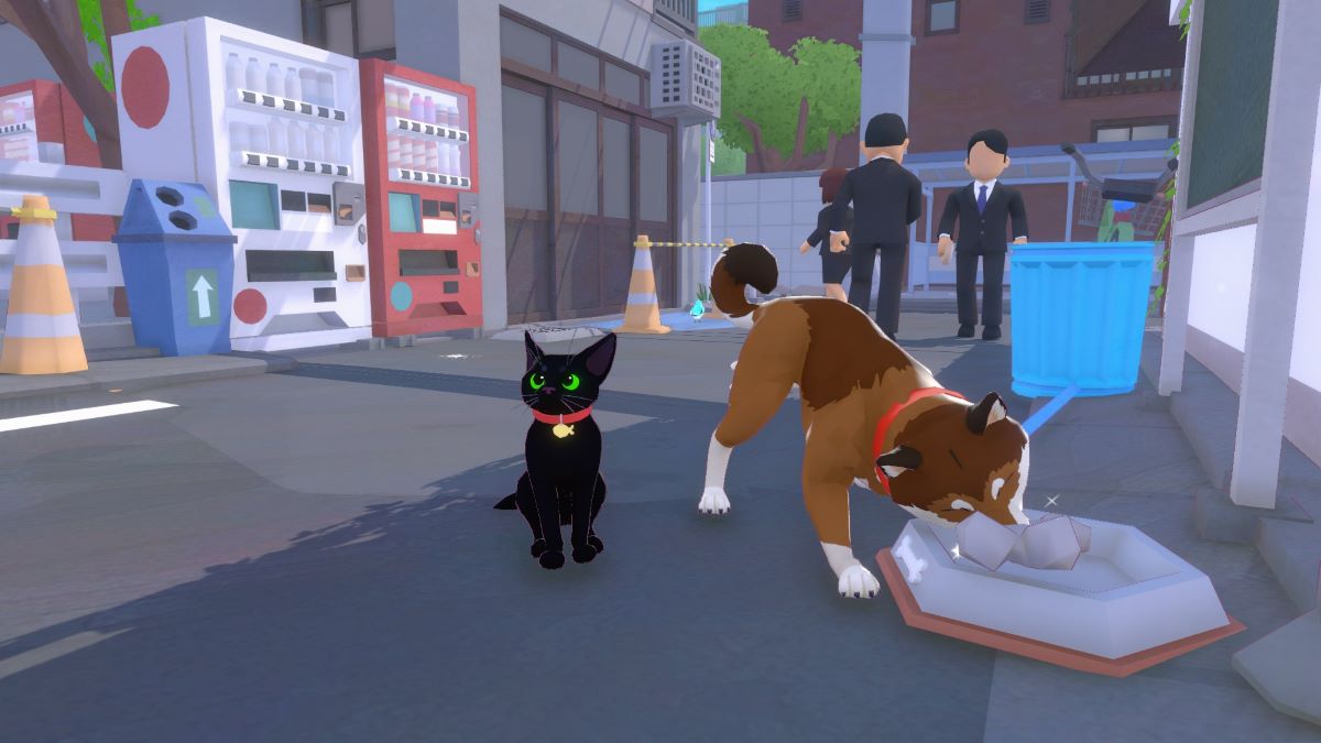 Kitty poses by a dog in Little Kitty Big City