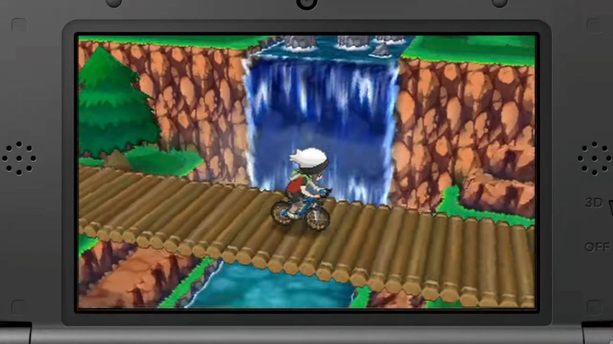 ポケモン ORAS でプレイヤーが自転車で橋を渡る