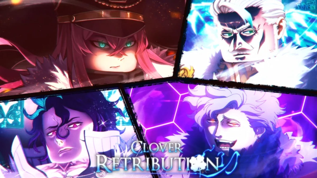 Official over for Clover Retribution, collage of characters with bright colors and auras