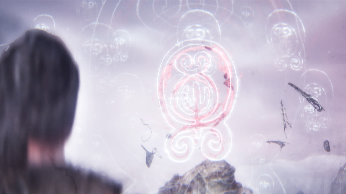 Floating rune symbols for gate barrier in Hellblade 2